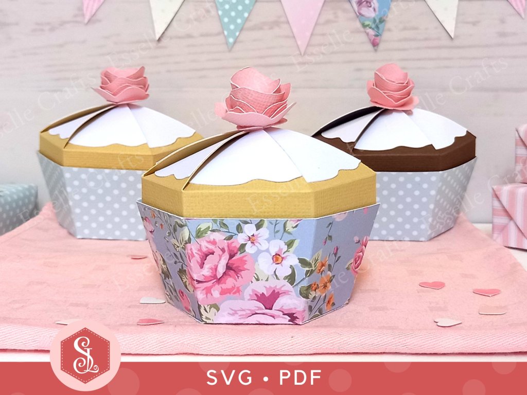 Three pastel cupcake favour boxes designed and made by Esselle Crafts