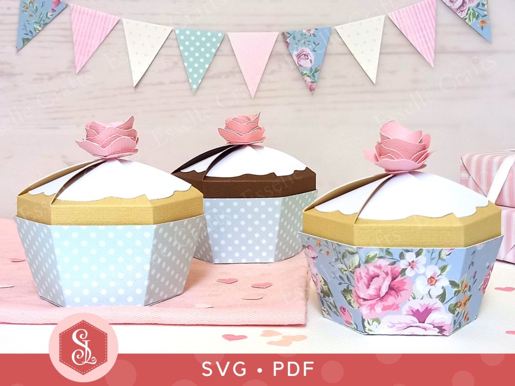 Three pastel cupcake favour boxes designed and made by Esselle Crafts