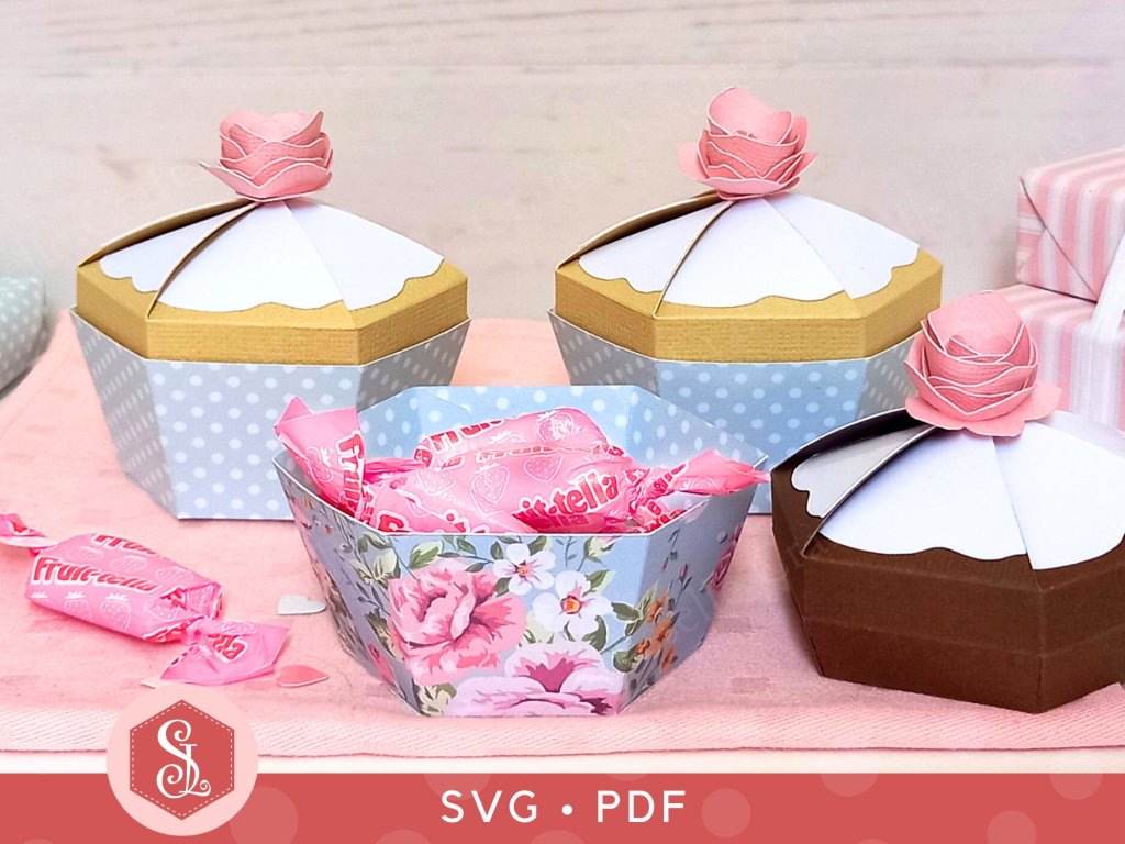 Three pastel cupcake favour boxes designed and made by Esselle Crafts