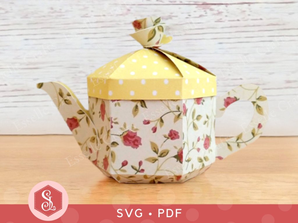 Yellow, vintage style teapot favour box designed and made by Esselle Crafts