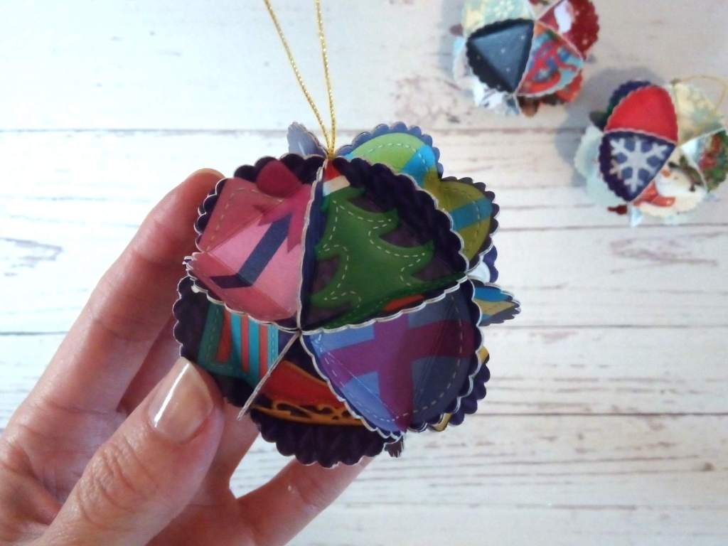 Upcycled Christmas Card Baubles as Hanging Decorations