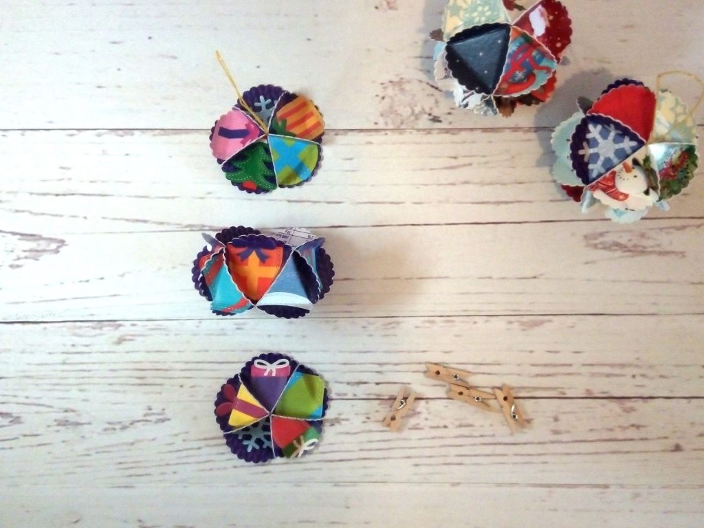 Upcycled Christmas Card Baubles as Hanging Decorations