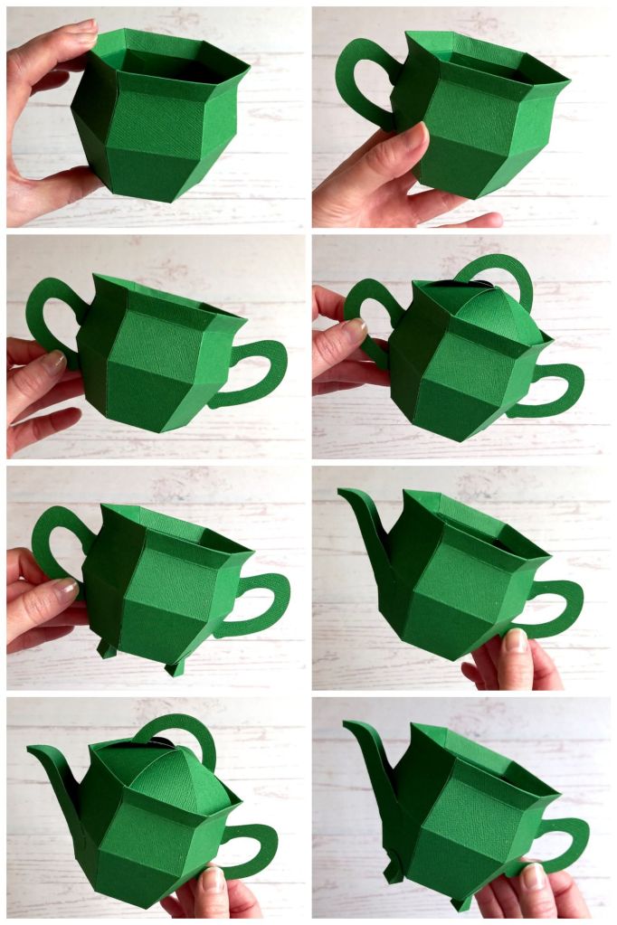 A green papercraft teapot gift box in the shape of a St Patricks Day pot of gold, showing eight variations of how to style it.