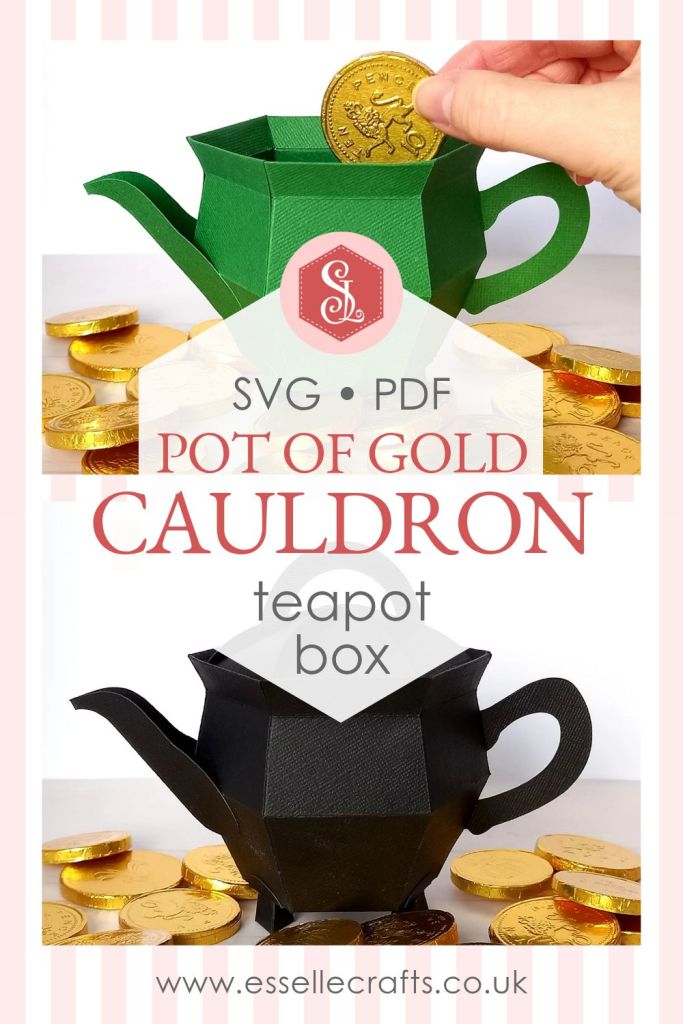 Two papercraft teapot gift boxes in the shape of a St Patricks Day pot of gold and a Halloween cauldron with chocolate gold coins at the front.