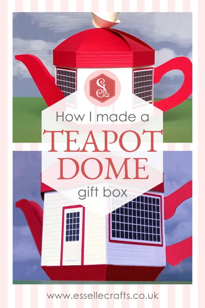 A small papercraft teapot gift box made in the style of the teapot dome gas station with a white body a red lid a red handle and spout and tiny black windows