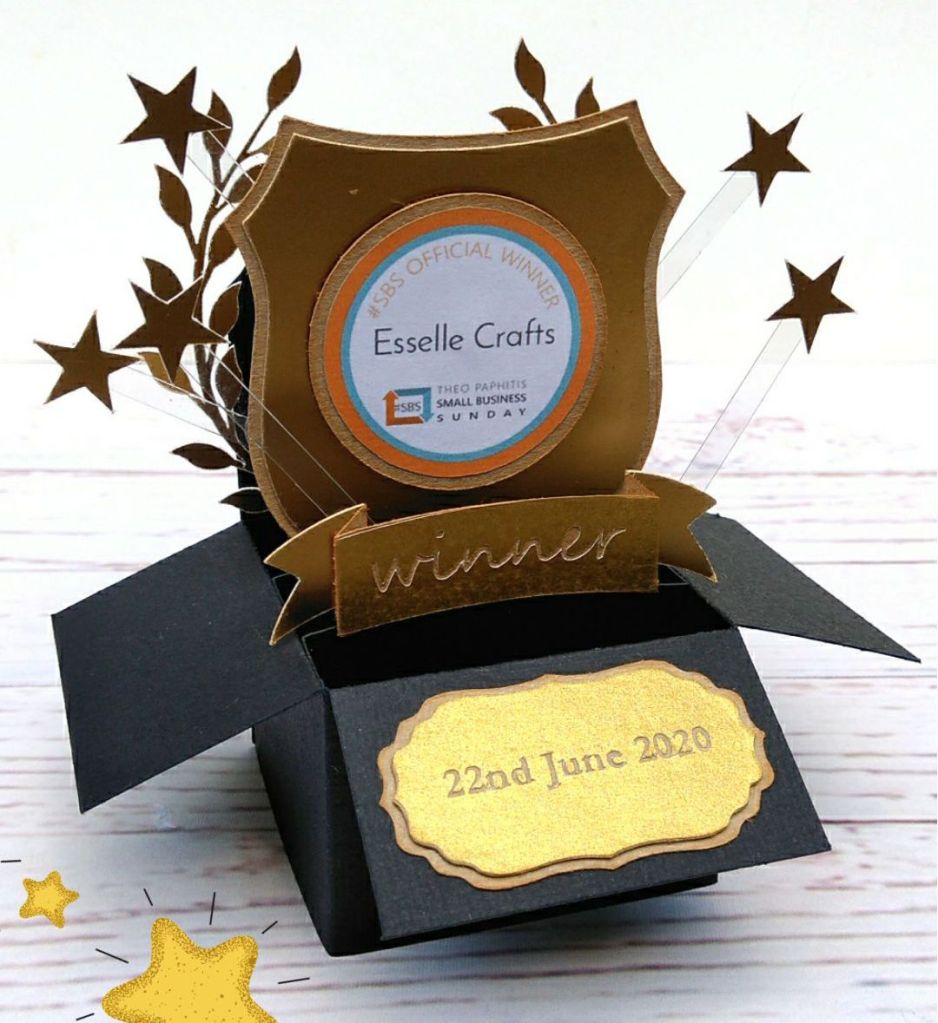 A 3D paper craft box card made in the style of an award with stars popping out of it to celebrate Esselle Crafts winning SBS
