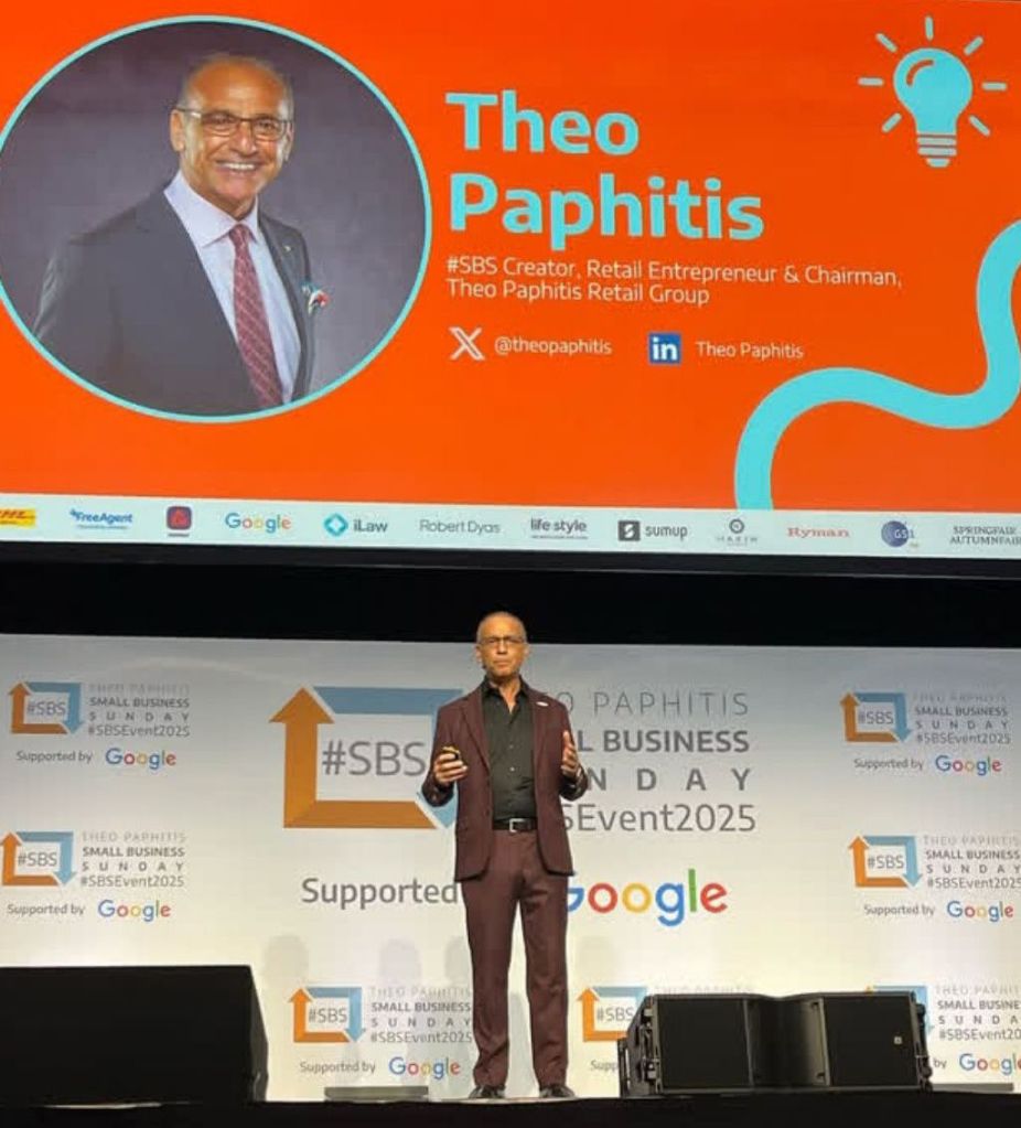 A view of Theo Paphitis on the stage at the SBS event 2025 inside the Birmingham ICC