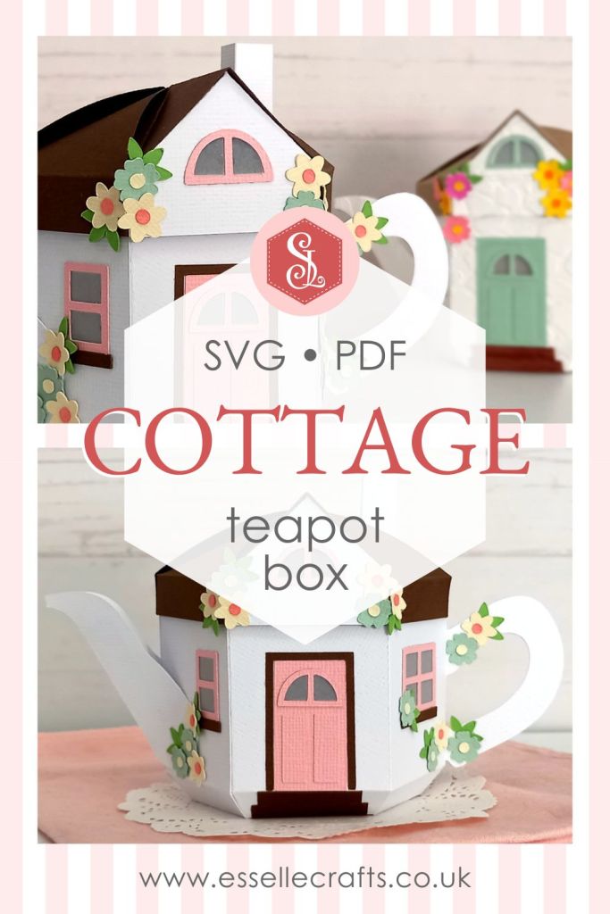 A 3D paper craft teapot gift box made in the style of a cosy country cottage with a pink door and pink windows decorated with small paper flowers