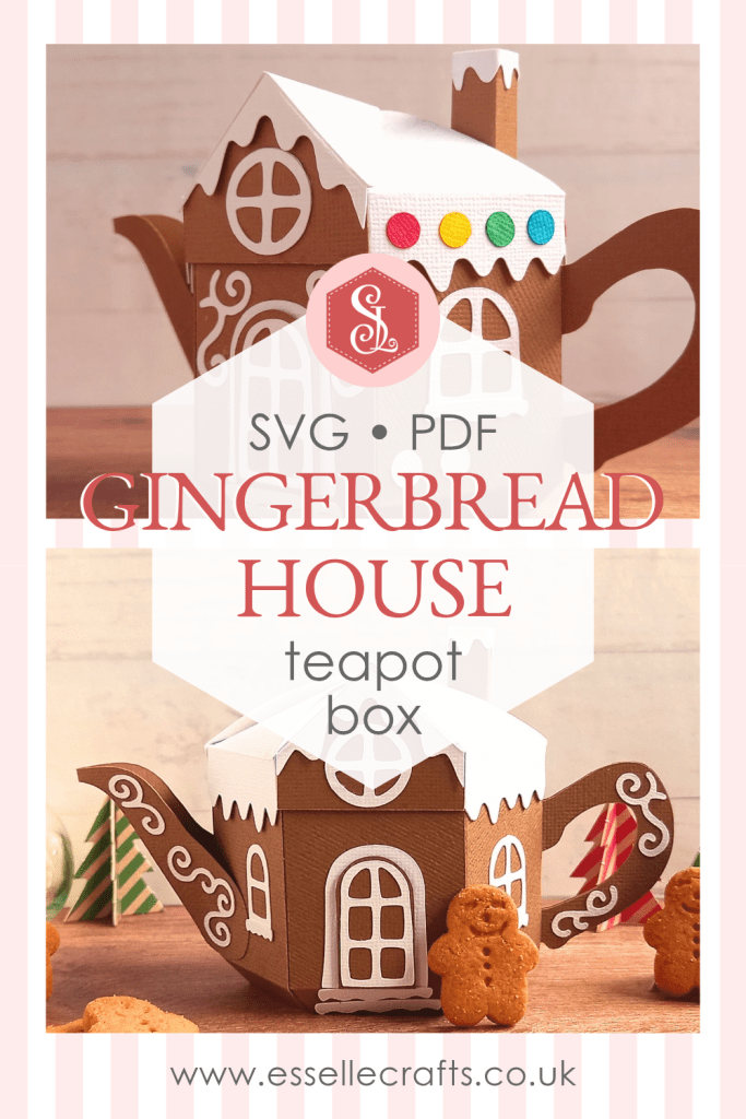 A 3D paper craft teapot gift box made in the style of a gingerbread house with a white lid and white iced door and windows decorated with white icing swirls