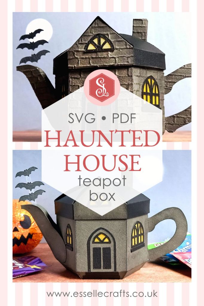 A paper craft haunted house gift box for Halloween trick or treating in the shape of a teapot with yellow arched gothic windows and three bats flying out of the spout
