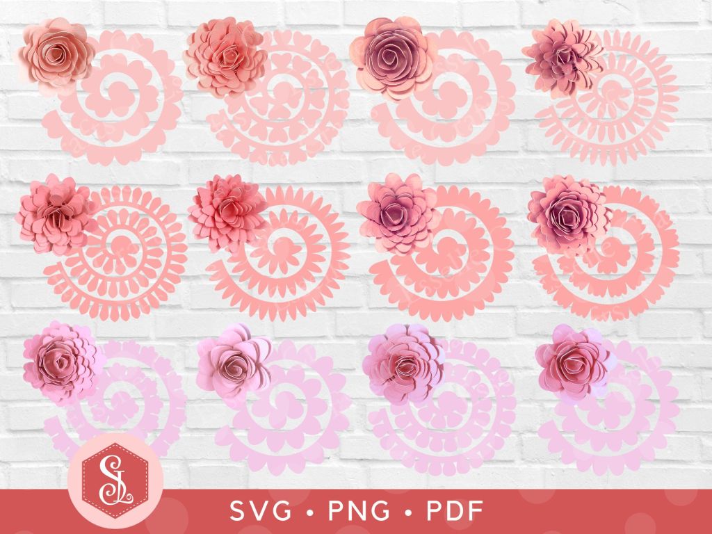 Twelve rolled flower templates in the form of patterned spirals with a small 3D paper flower next to each one showing the twelve different designs