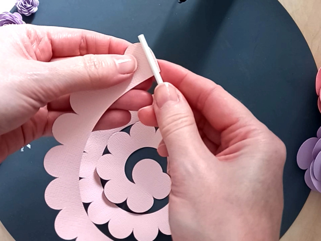 Starting to roll a pink rolled paper flower using a thin lollipop stick