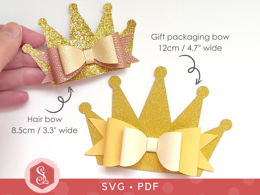 Two princess crown bows one made from faux leather and thin gold glitter fabric that can be used as a hair bow or a brooch and one made from gold glitter cardstock that can be used on gift packaging or home decor