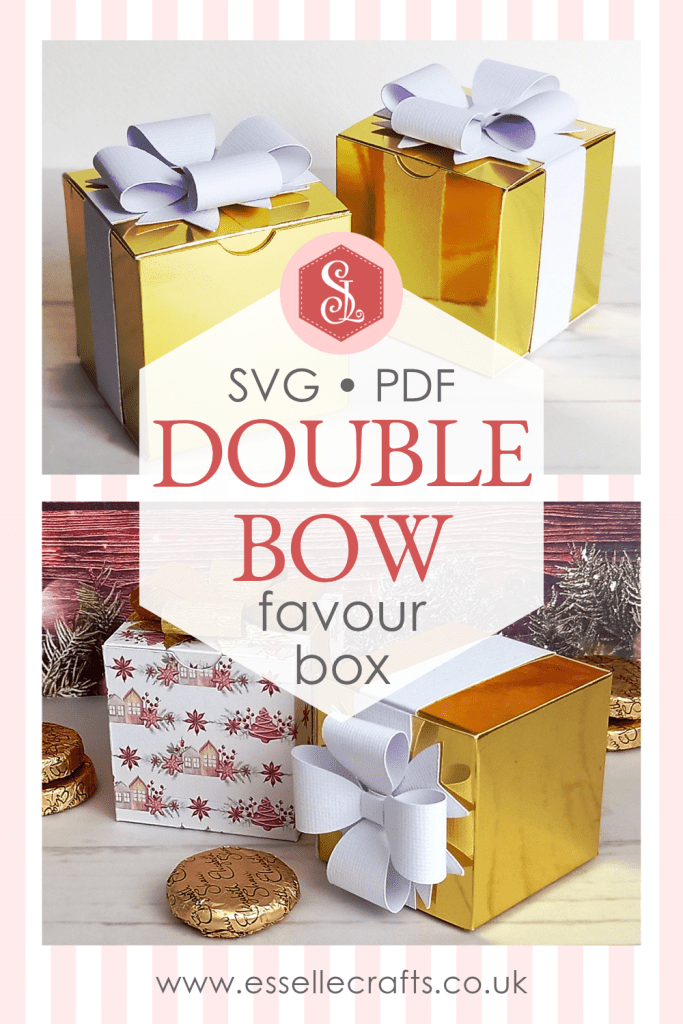 Three cube favour boxes made from shiny gold card, finished with a white paper ribbon and a white double bow on top.