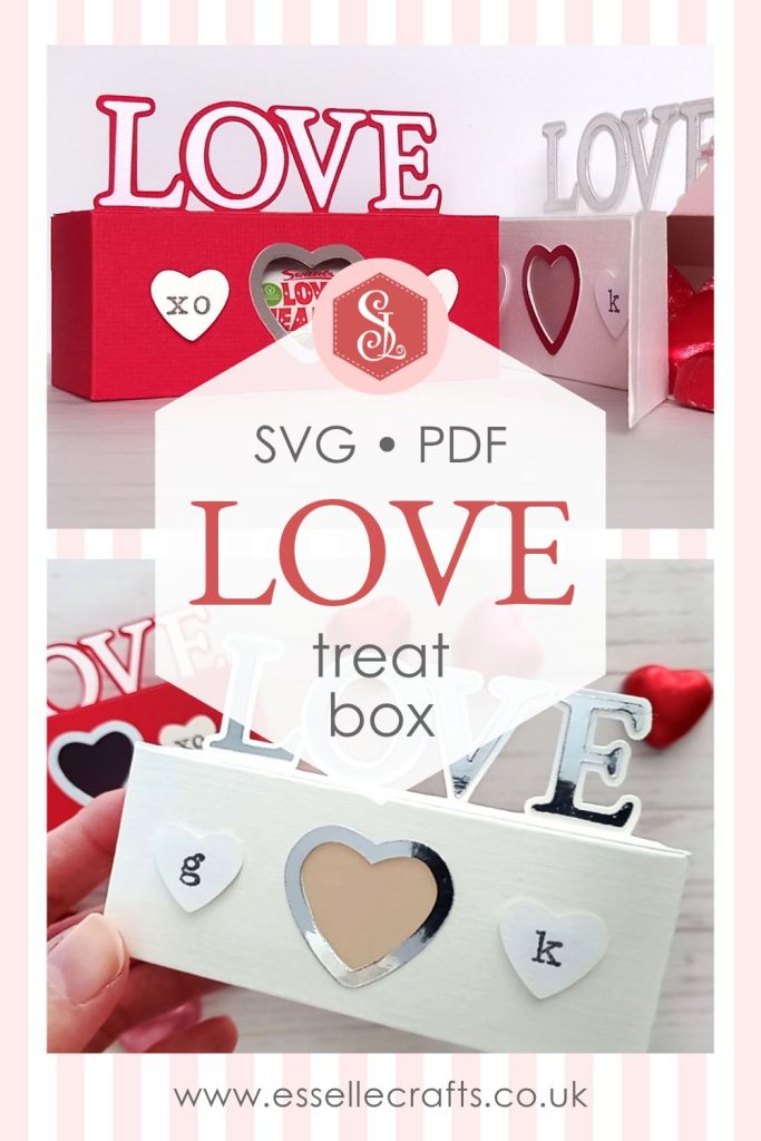 A red papercraft treat box for Valentine's day with the word LOVE on the top and decorated with paper hearts