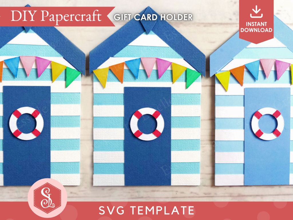 Three papercraft gift card holders in the style of beach huts, each decorated with blue and white stripes, a red and white lifebuoy and colourful paper bunting.