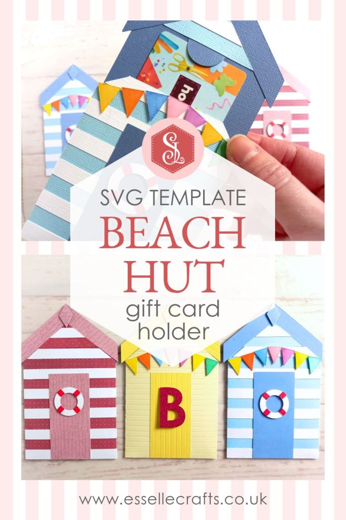 A papercraft gift card holder in the style of a beach hut, decorated with blue and white stripes, a red and white lifebuoy and colourful paper bunting.