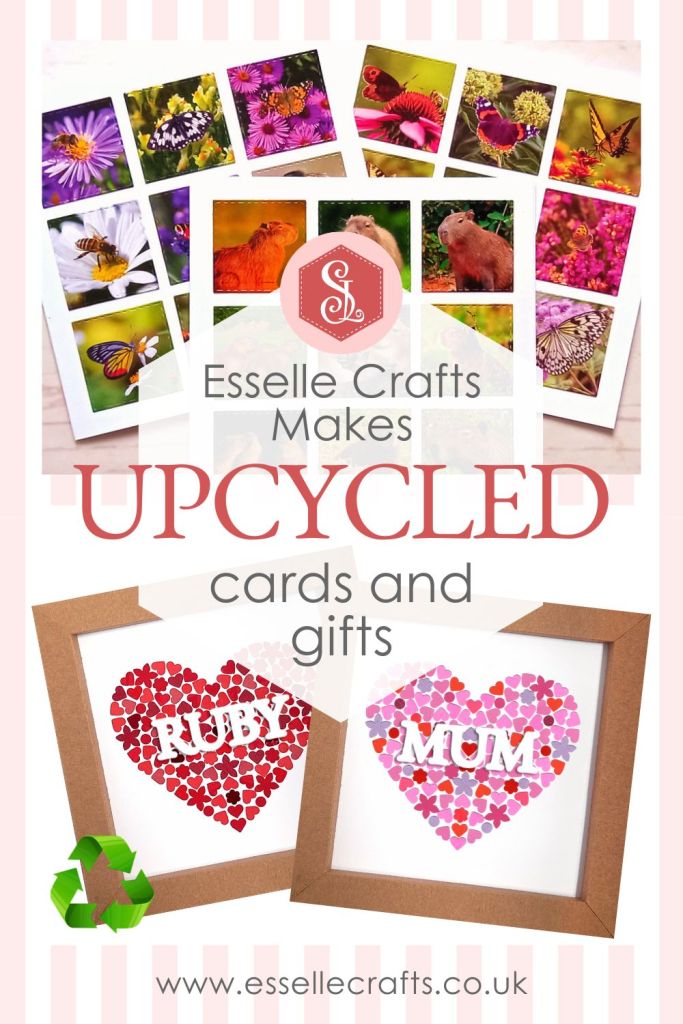 Three square greeting cards made from upcycled wall calendars handmade by Esselle Crafts. Also two mosaic heart designs made from small pieces of upcycled paper packaging, framed in a square brown kraft card frame.
