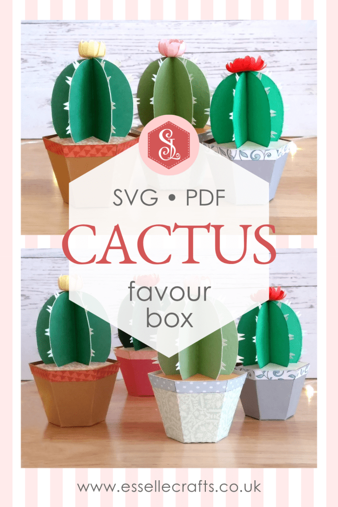 Three papercraft favour boxes in the shape of a cactus in a plant pot with colourful paper flowers on the top