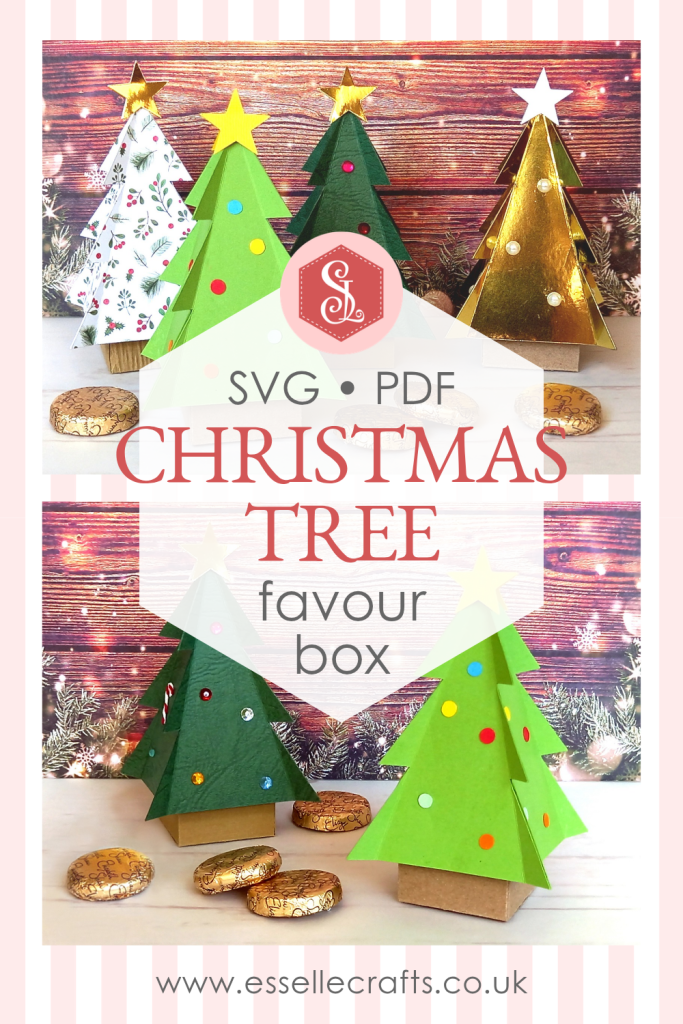 Four papercraft Christmas tree favour boxes, one light green, one dark green, one white and one gold, all with gold star toppers. Perfect for filling with sweets or small treats.