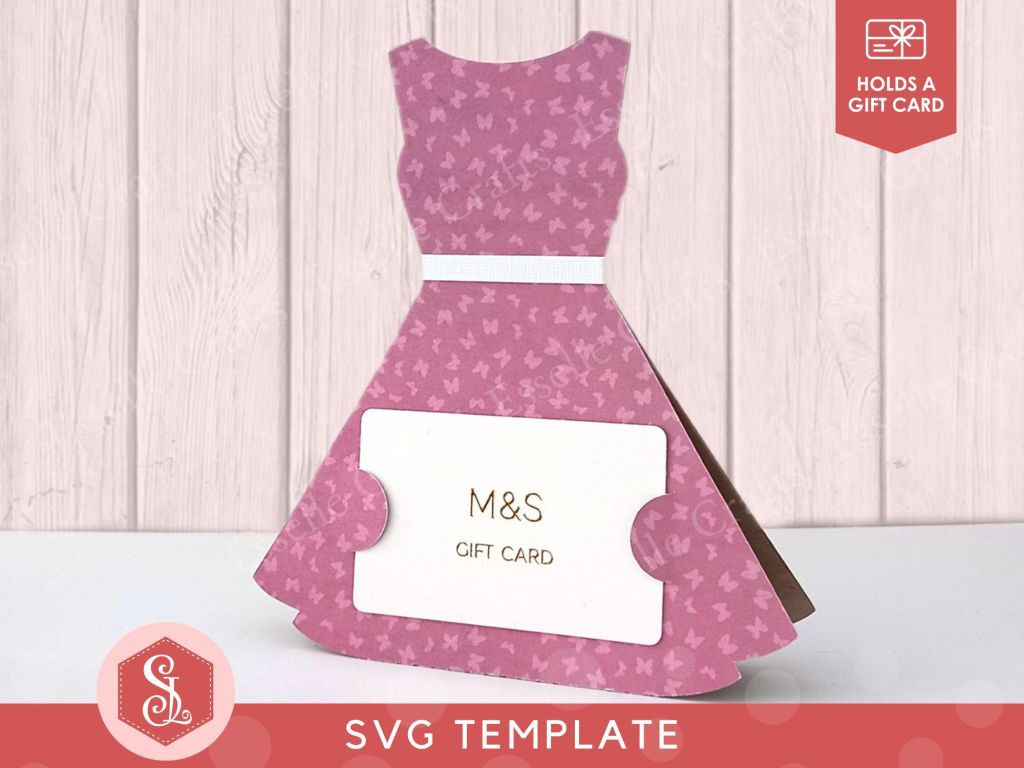 A papercraft gift card holder in the style of a vintage pink dress. It is holding a white gift card in the back.