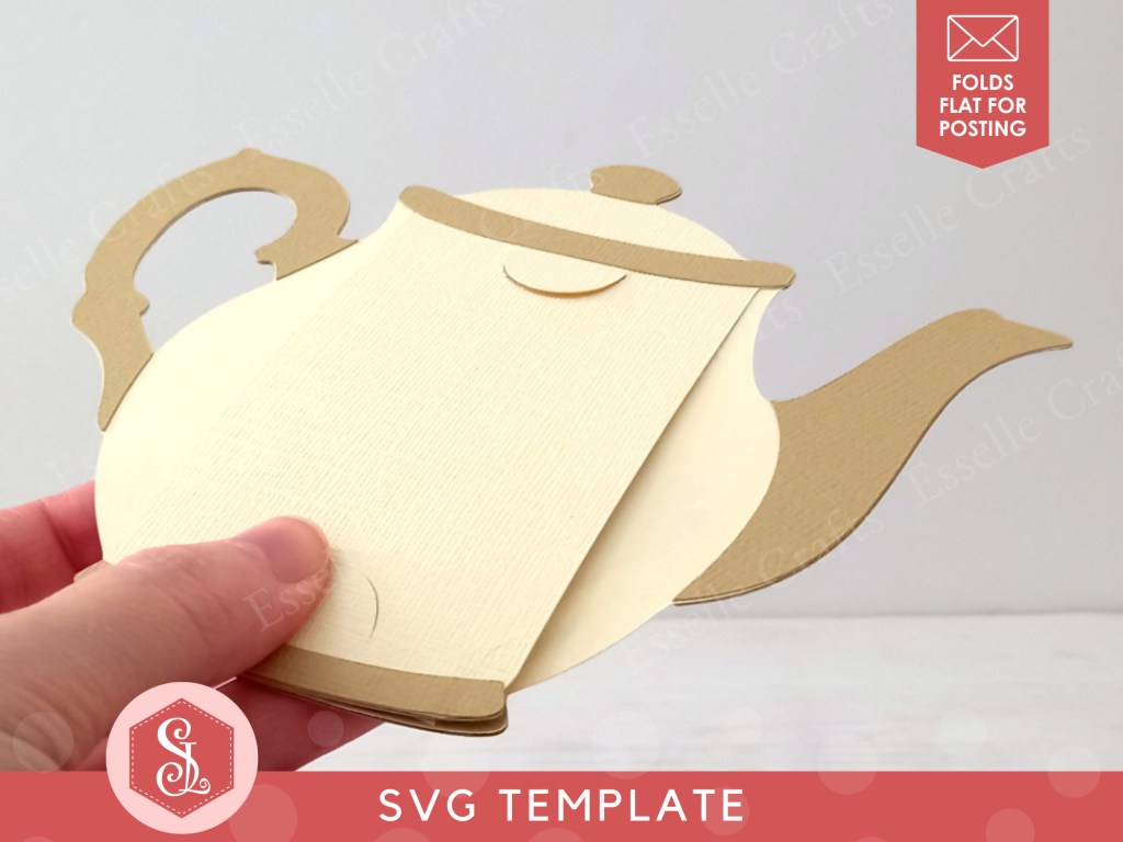 A papercraft gift card holder in the style of a vintage cream teapot with a pale brown handle and spout.