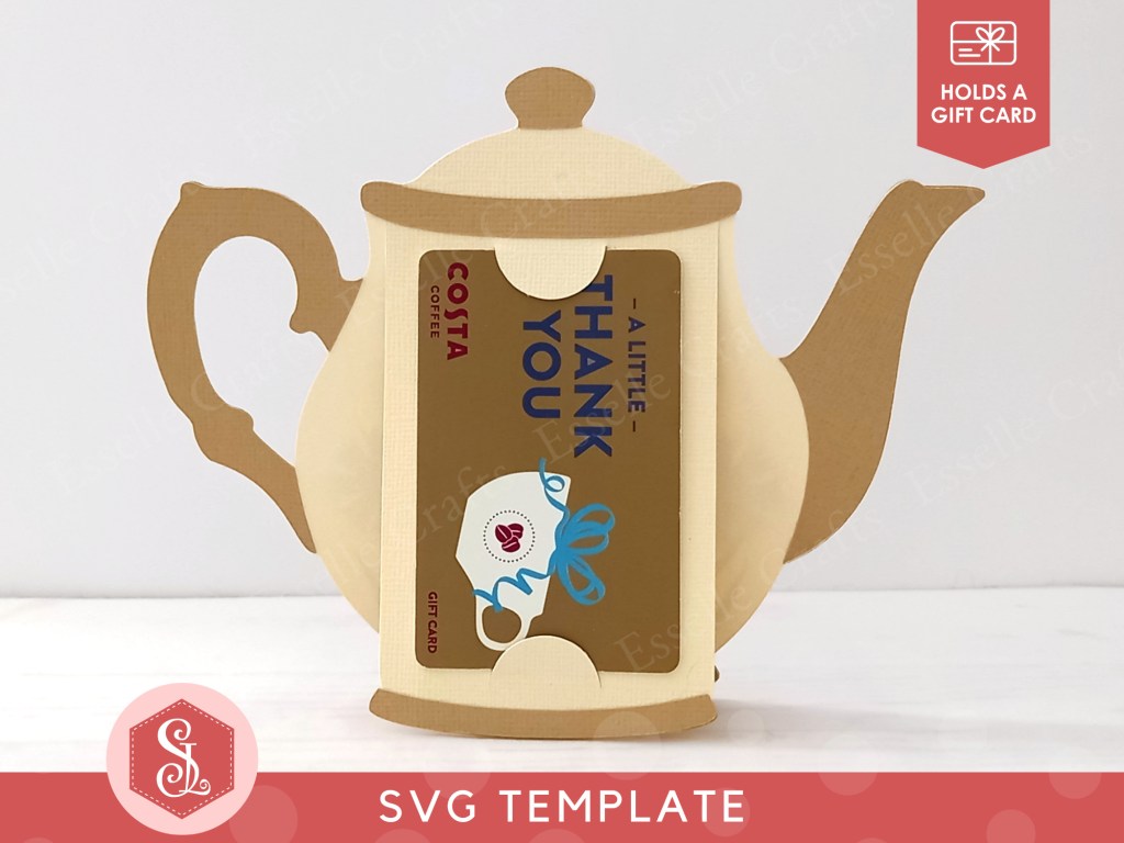 A papercraft gift card holder in the style of a vintage cream teapot with a pale brown handle and spout.