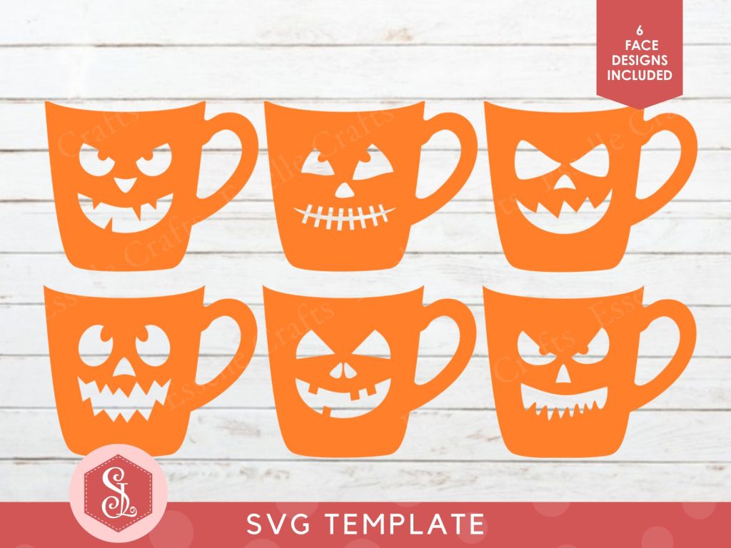 Six spooky Halloween pumpkin faces for use on a papercraft pumpkin spice latte mug.