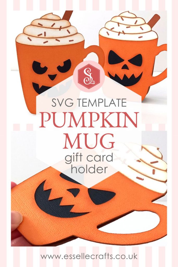 A papercraft gift card holder in the style of a pumpkin spice latte mug. It has a spooky black cut out face in the centre of the mug and is topped with white paper whipped cream, a brown paper cinnamon stick and dark brown paper sprinkles.