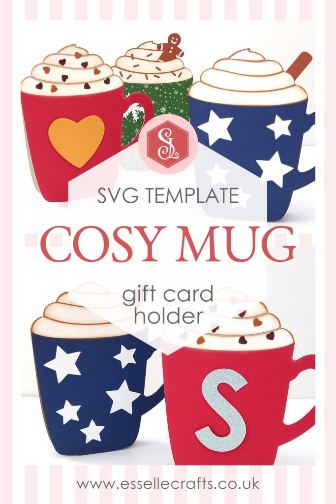 Three papercraft gift card holders in the shape of a cosy Christmas mug. They are decorated with stars, hearts and snowflakes and are topped with white paper whipped cream, a brown paper cinnamon stick and dark brown paper sprinkles.