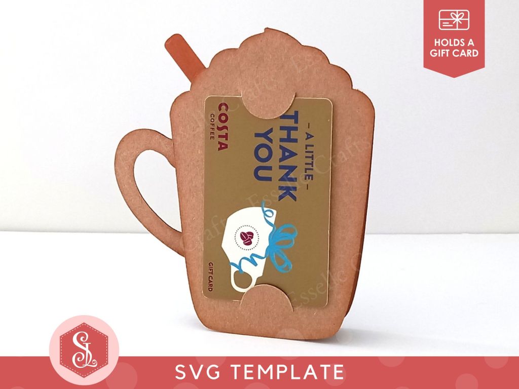 A papercraft gift card holder in the shape of a cosy Christmas mug. It is holding a Costa thank you gift card in the back.