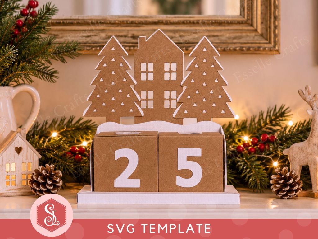 A Christmas countdown advent calendar, which comes as a DIY papercraft template, featuring a central house, two pine trees, and two numbered blocks that double up as gift boxes. It can be refilled and reused each year.