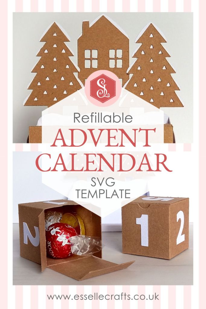 A Christmas countdown advent calendar, which comes as a DIY papercraft template, featuring a central house, two pine trees, and two numbered blocks that double up as gift boxes. It can be refilled and reused each year.